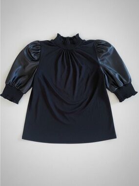 Black Puff-Sleeve Mock Neck Blouse